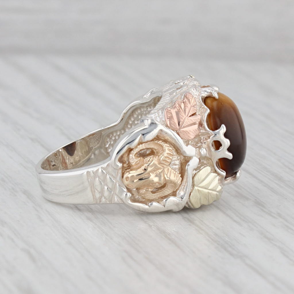 Gray Coleman Co Black Hills Gold Tigers Eye Ram Ring Sterling Silver 12k Gold Size 8