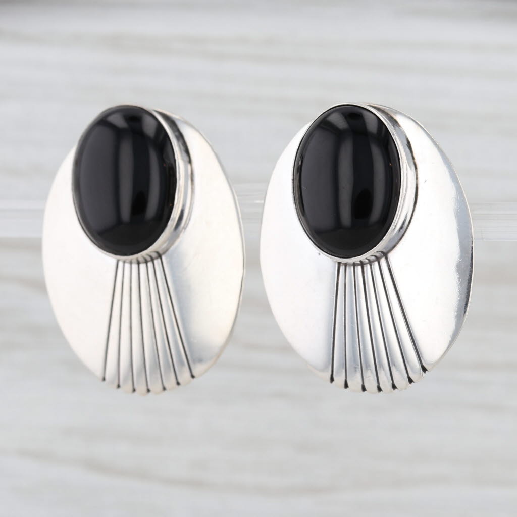 Southwestern Vintage Onyx Statement Earrings Sterling Silver Signed JD