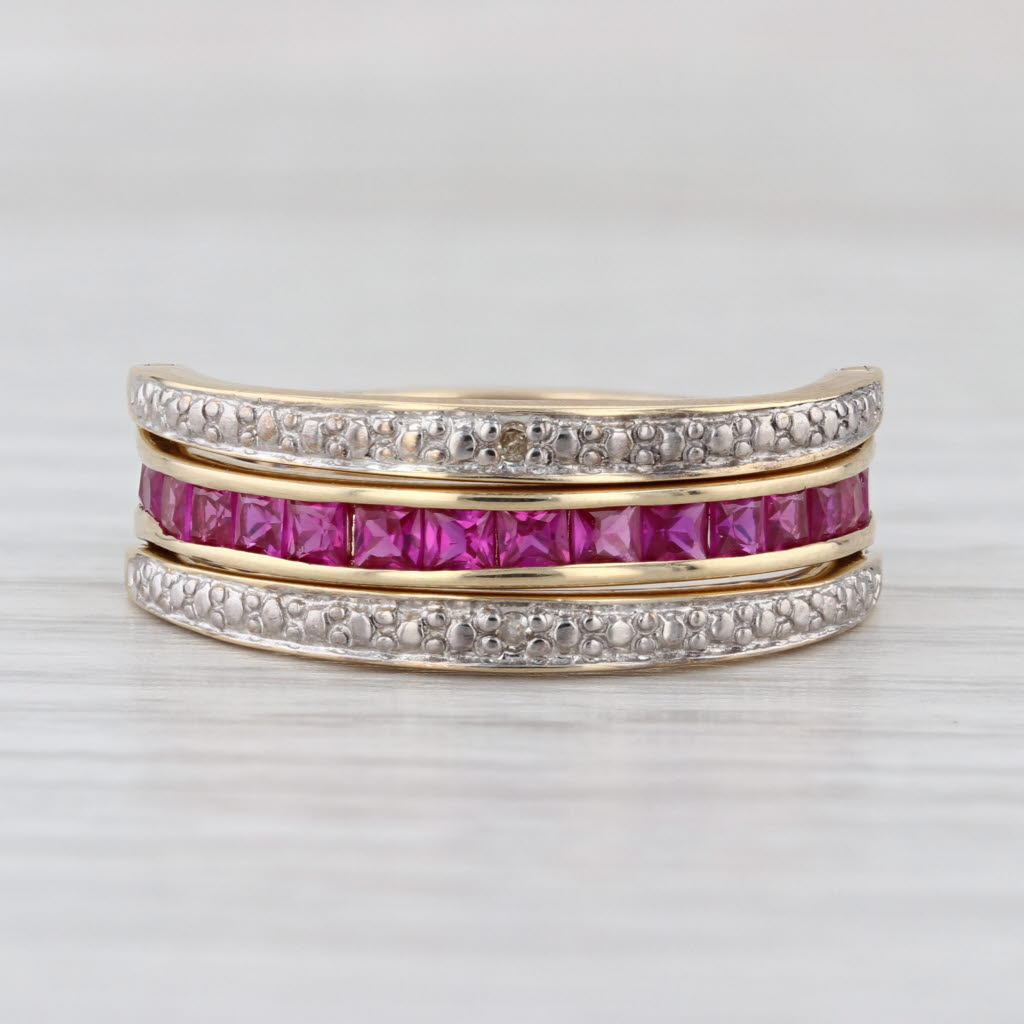 2.10ctw Lab Created Ruby Sapphire Diamond Reversible Flip Ring 10K Gold Size 9