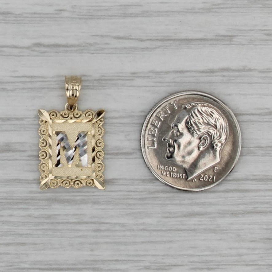 Framed Letter Initial "M" Pendant 10k White Yellow Gold