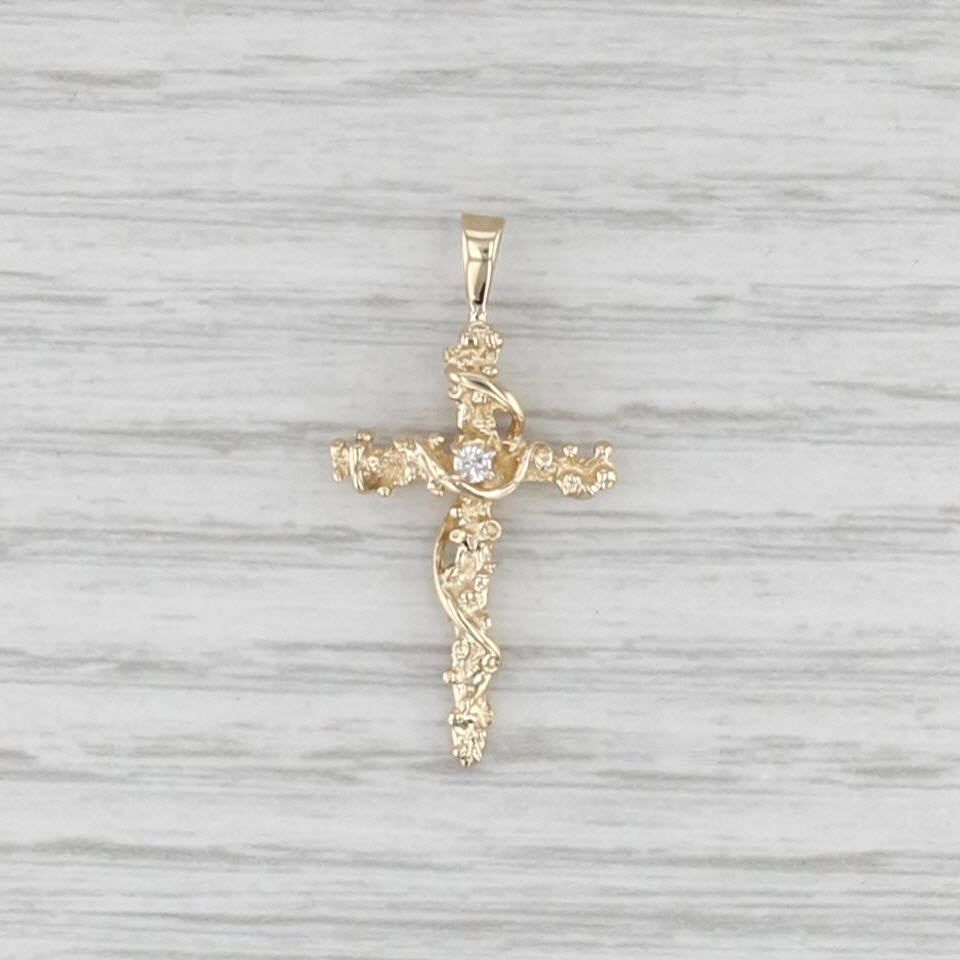 Diamond Solitaire Ornate Cross Pendant 14k Yellow Gold Small Drop