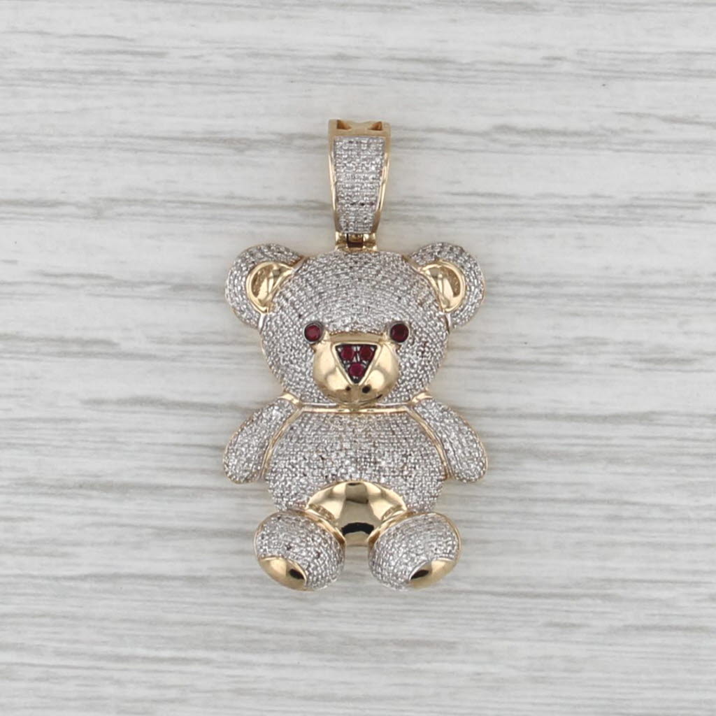 0.66ctw Diamond Ruby Teddybear Pendant 10k Yellow Gold Statement