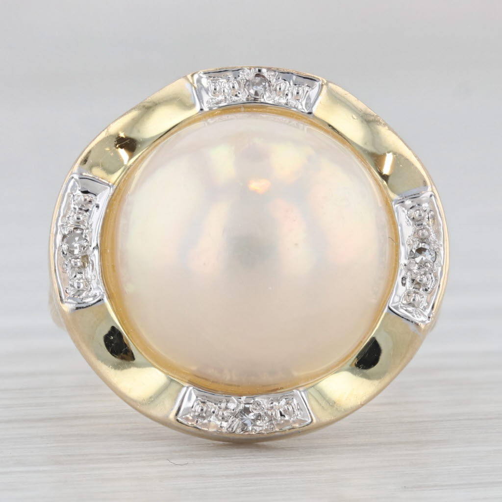 Light Gray Mabe Pearl Diamond Ring 14k Yellow Gold Size 6.5