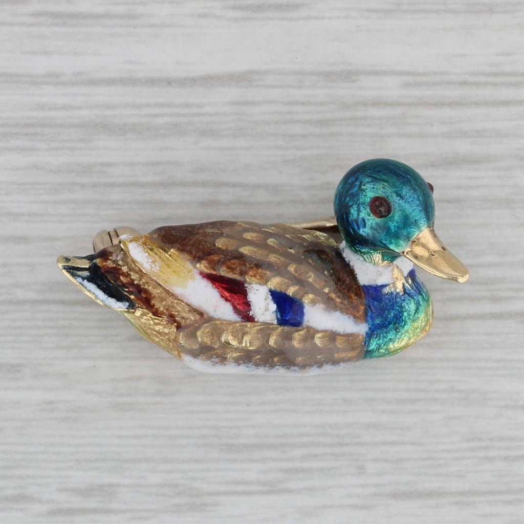 Gray Mallard Duck Pin 14k Yellow Gold Vibrant Enamel Vintage Brooch