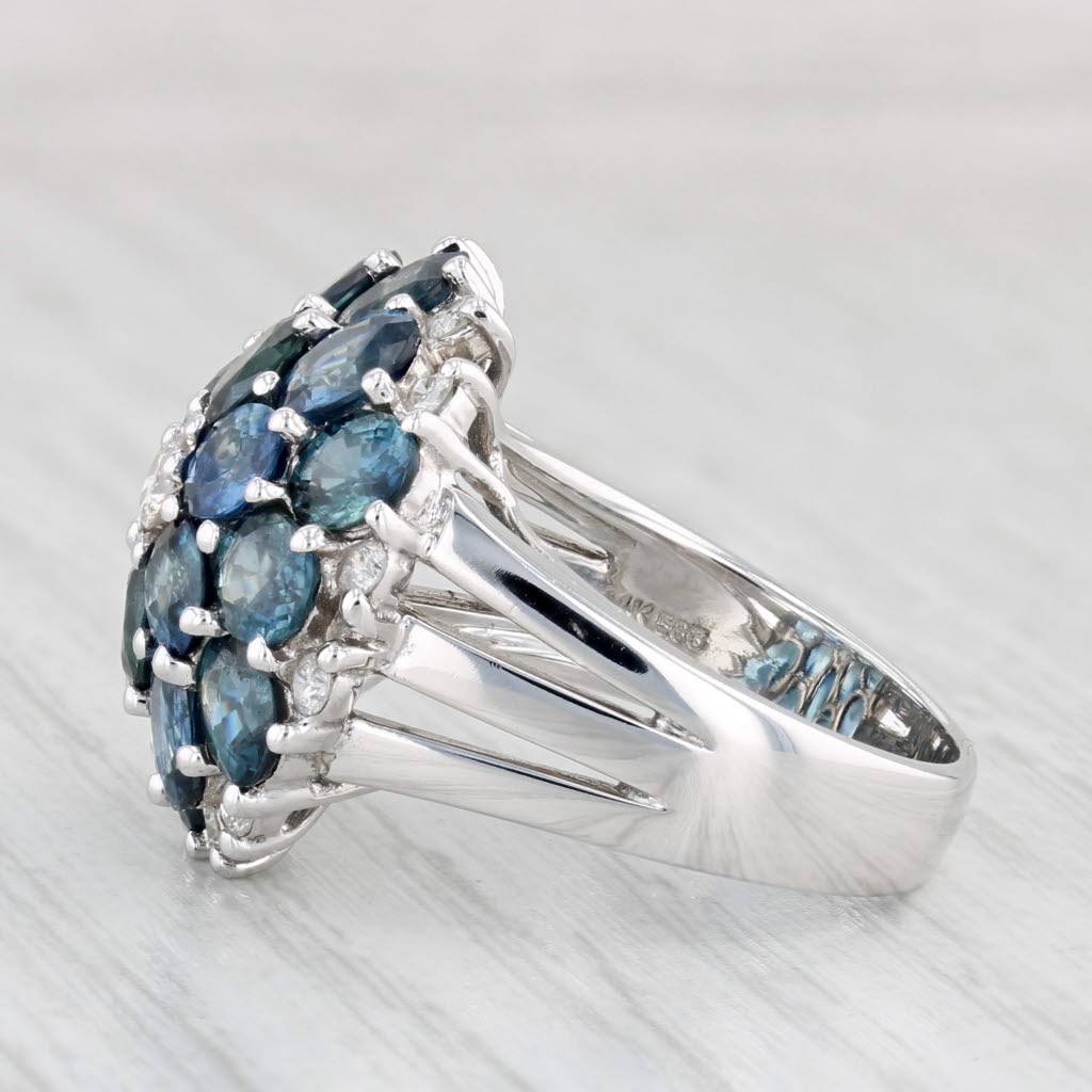 Light Gray 8.42ctw Blue Sapphire Diamond Flower Cluster Ring 14k White Gold Size 7.75