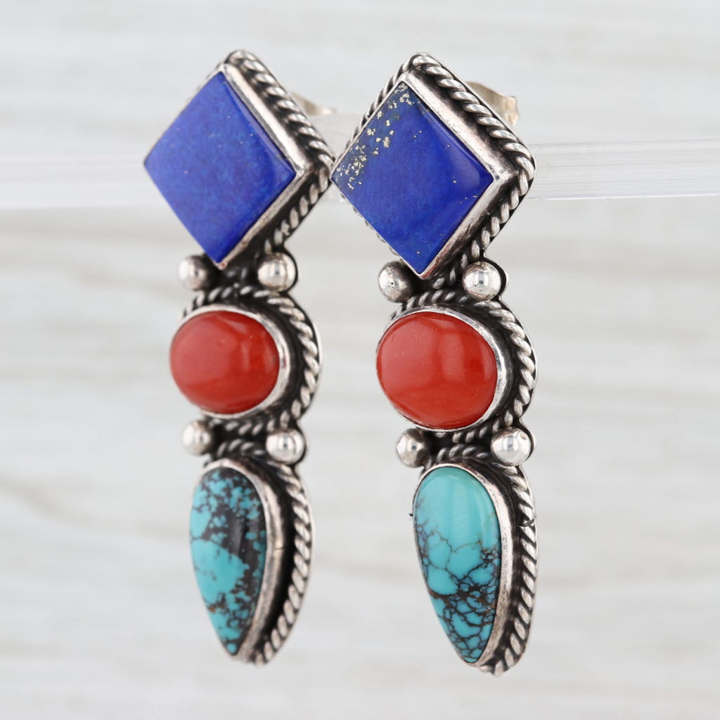 Vintage Southwestern Drop Earrings Sterling Silver Lapis Lazuli Coral Turquoise