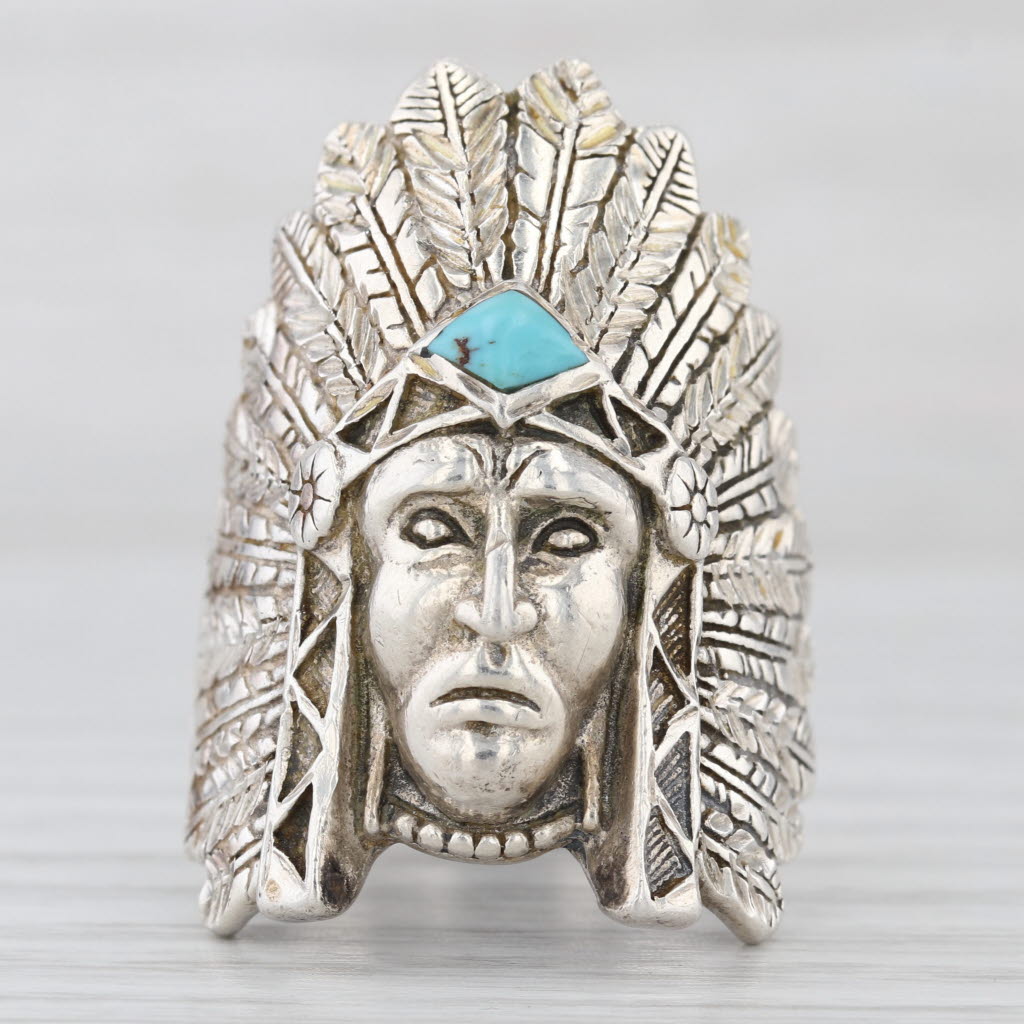 Vintage Native American Chief Turquoise Ring Sterling Silver Size 10 Signed