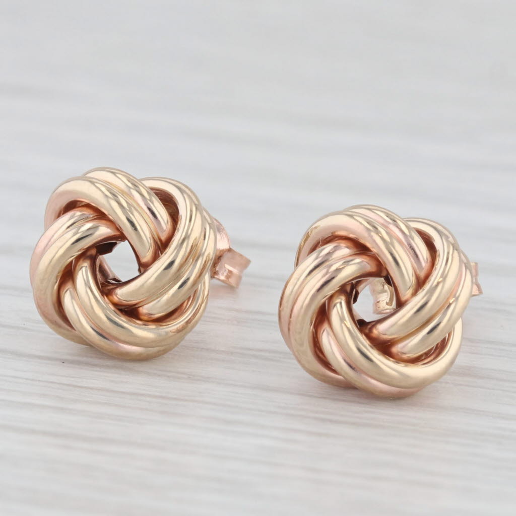 Light Gray Love Knot Stud Earrings 14k Rose Gold Small Round Studs