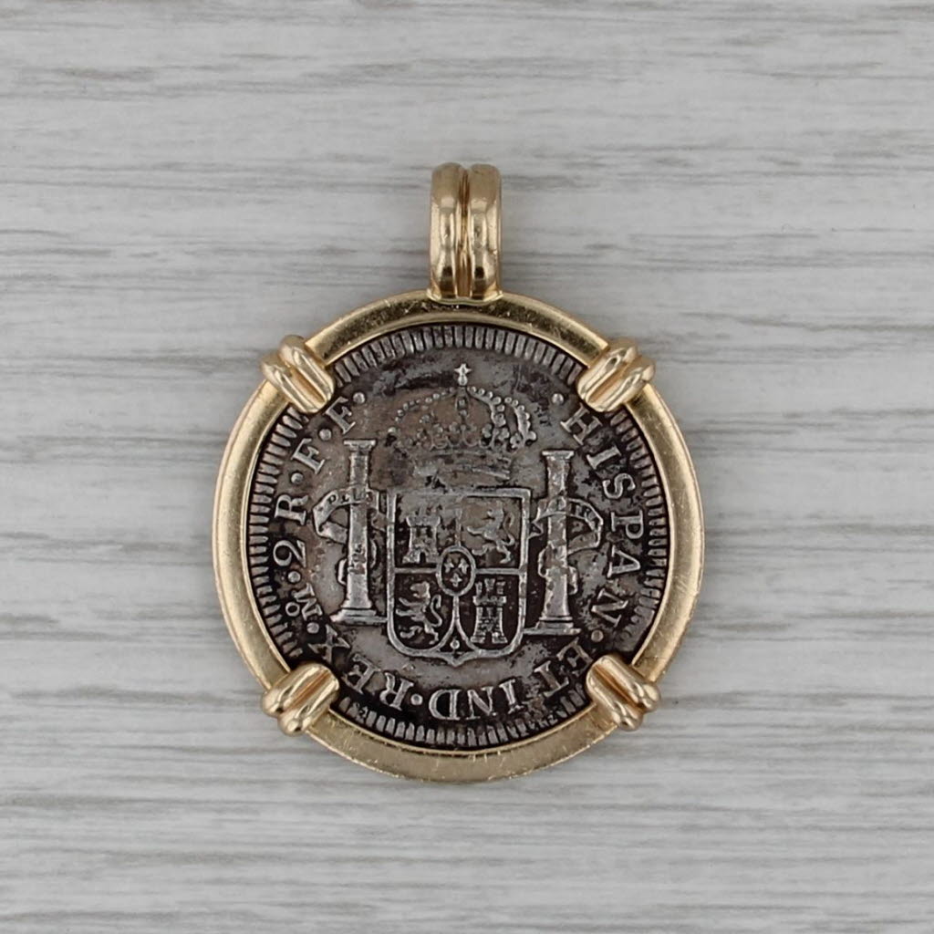 1783 El Cazador 2 Reales Shipwreck Coin Pendant 14k Gold Bezel Fine Silver Coin