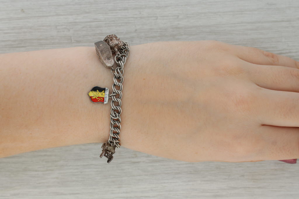 Rosy Brown Vintage Mixed Themed Charm Bracelet Sterling Silver Enamel Souvenir British 6"