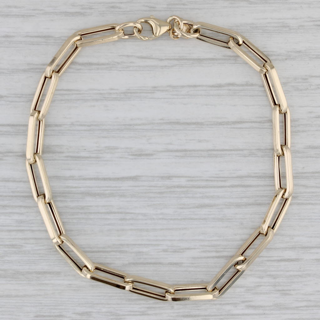Gray Paperclip Elongated Cable Chain Bracelet 14k Yellow Gold 6.5" 4mm
