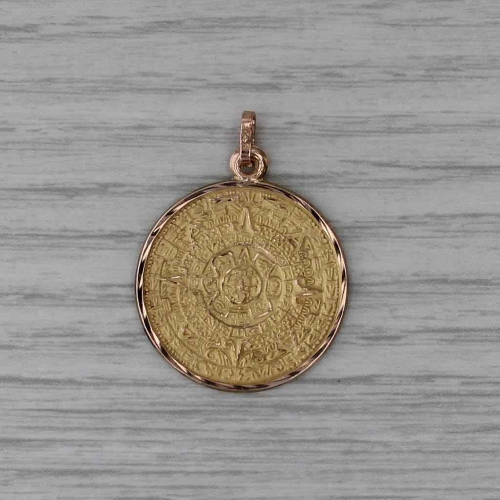 Aztec Mayan Sun Calendar Pendant 14k Yellow Gold Medallion