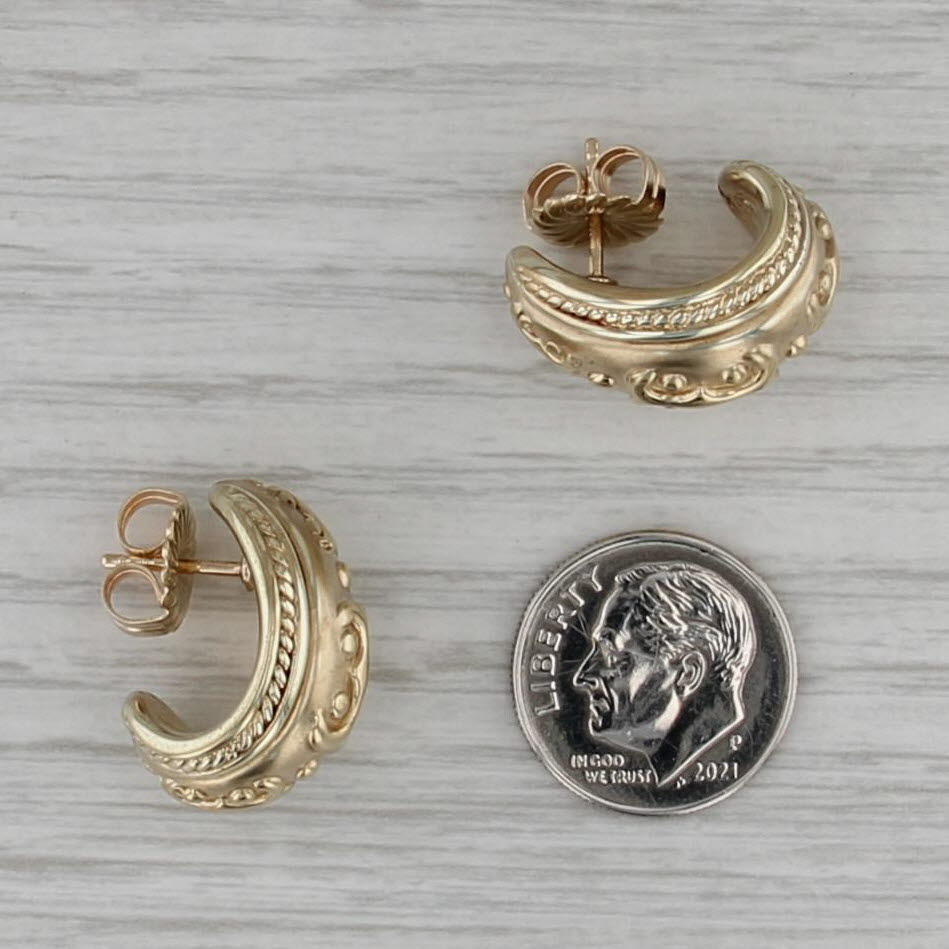 Ornate J-Hook Earrings 14k Yellow Gold Resin Filled Light Weight Pierced Drops