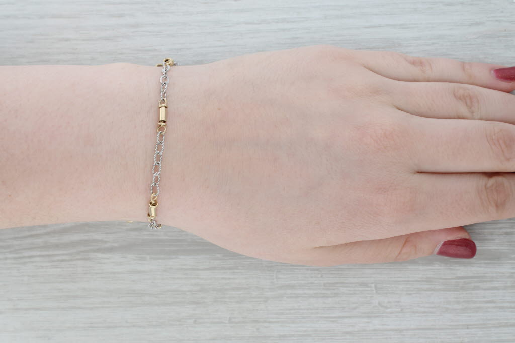 Gray 6 3/4" Cable Chain Tube Station Bracelet 14k White Yellow Gold