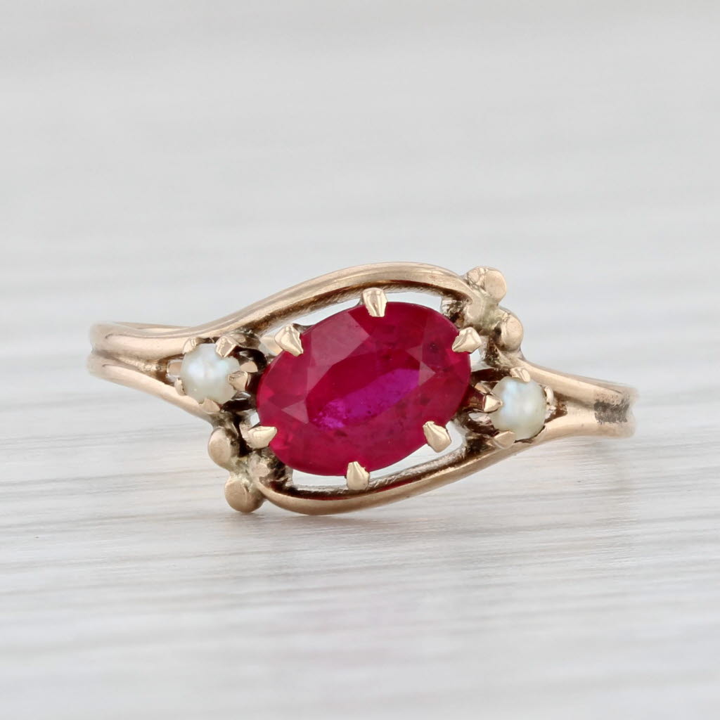 Light Gray Vintage Oval Lab Created Ruby Pearl Ring 10k Yellow Gold Size 5.5