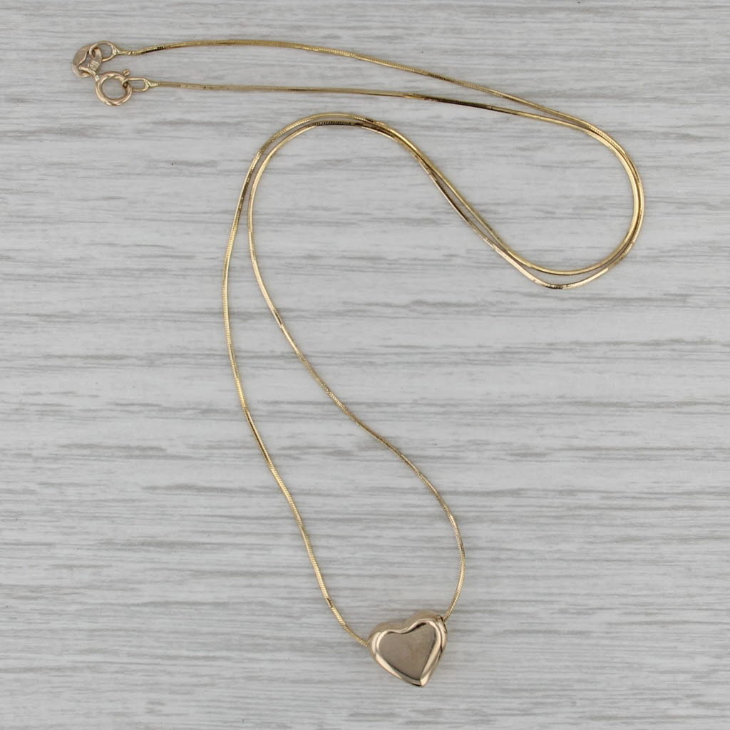 Puffy Heart Slide Pendant Necklace 14k Yellow Gold 17" Snake Chain