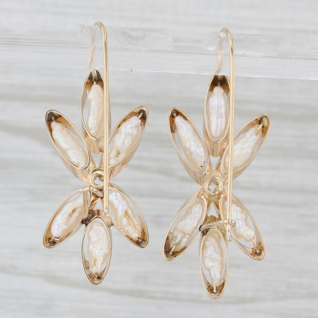 Light Gray Vintage Keshi Pearl Flower Earrings 14k Yellow Gold Hook Posts