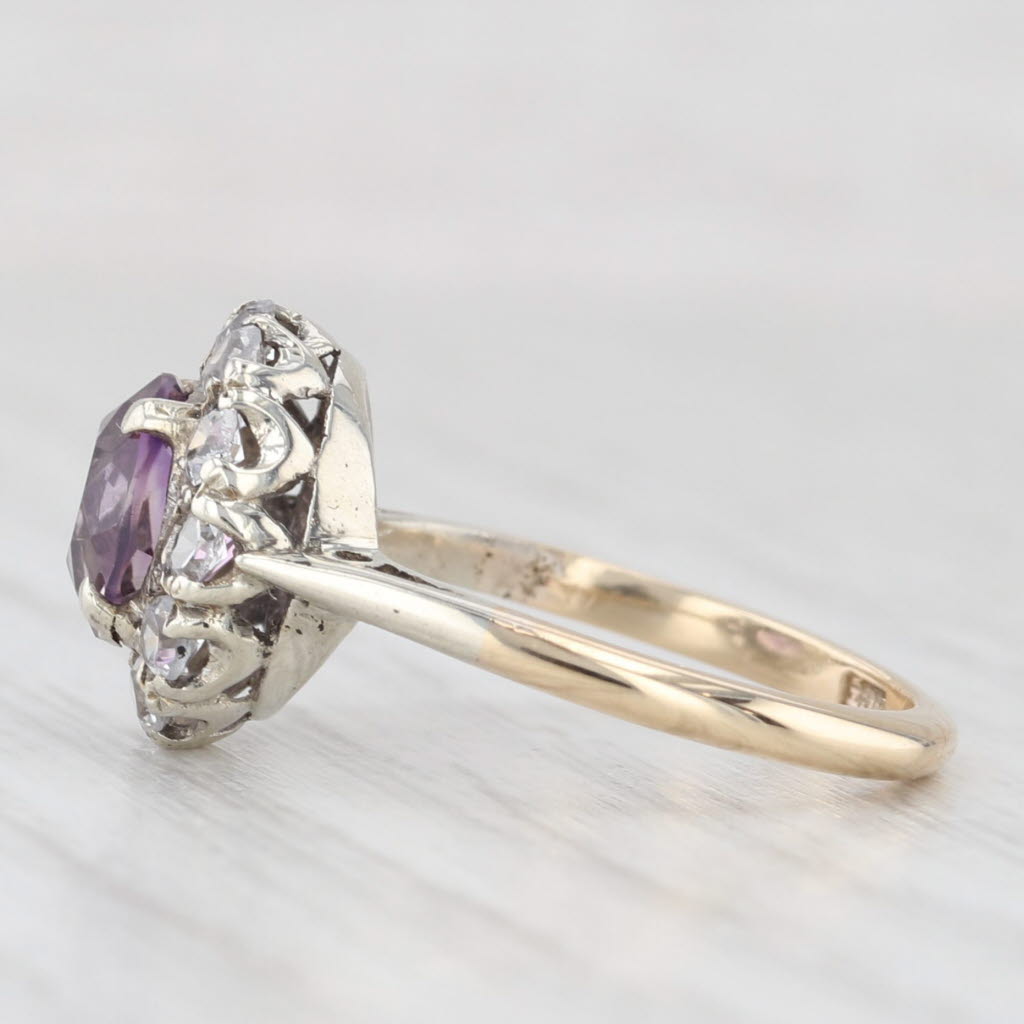 Vintage 1.15ct Amethyst Glass Halo Ring 9k White Yellow Gold Size 5.5