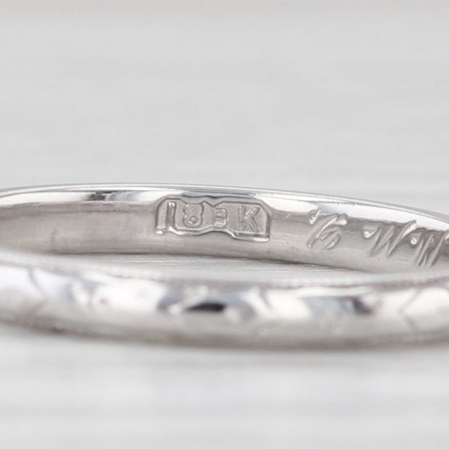 Light Gray Antique Floral Engraved Wedding Band 18k White Gold Ring Stakable Size 5