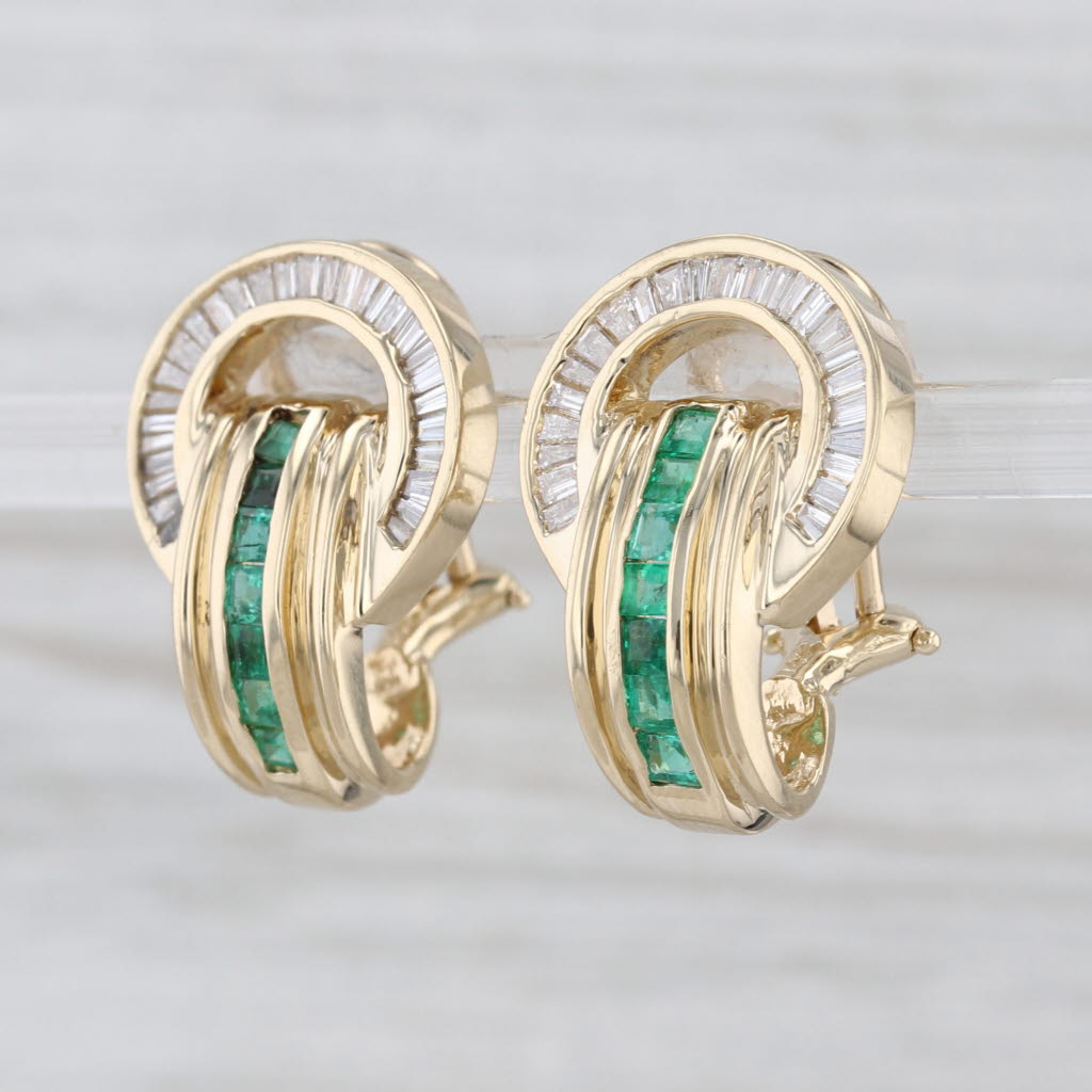 1.14ctw Emerald Diamond J-Hook Earrings 14k Yellow Gold Omega Backs