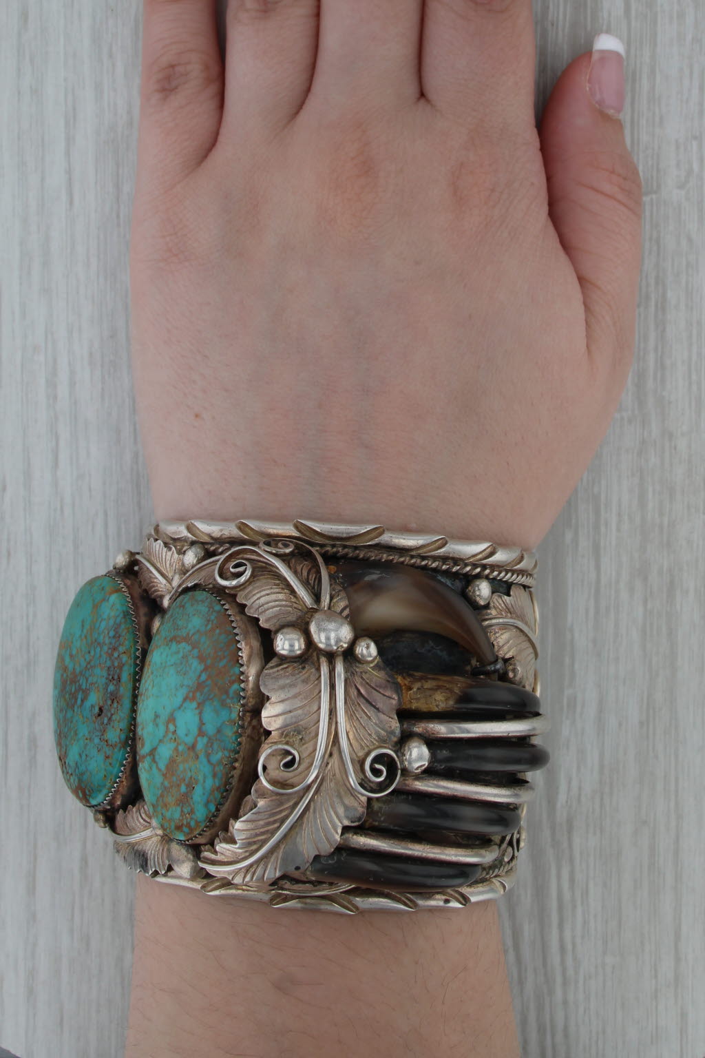 M Tsosie Animal Claw Turquoise Native American Cuff Bracelet Sterling Silver