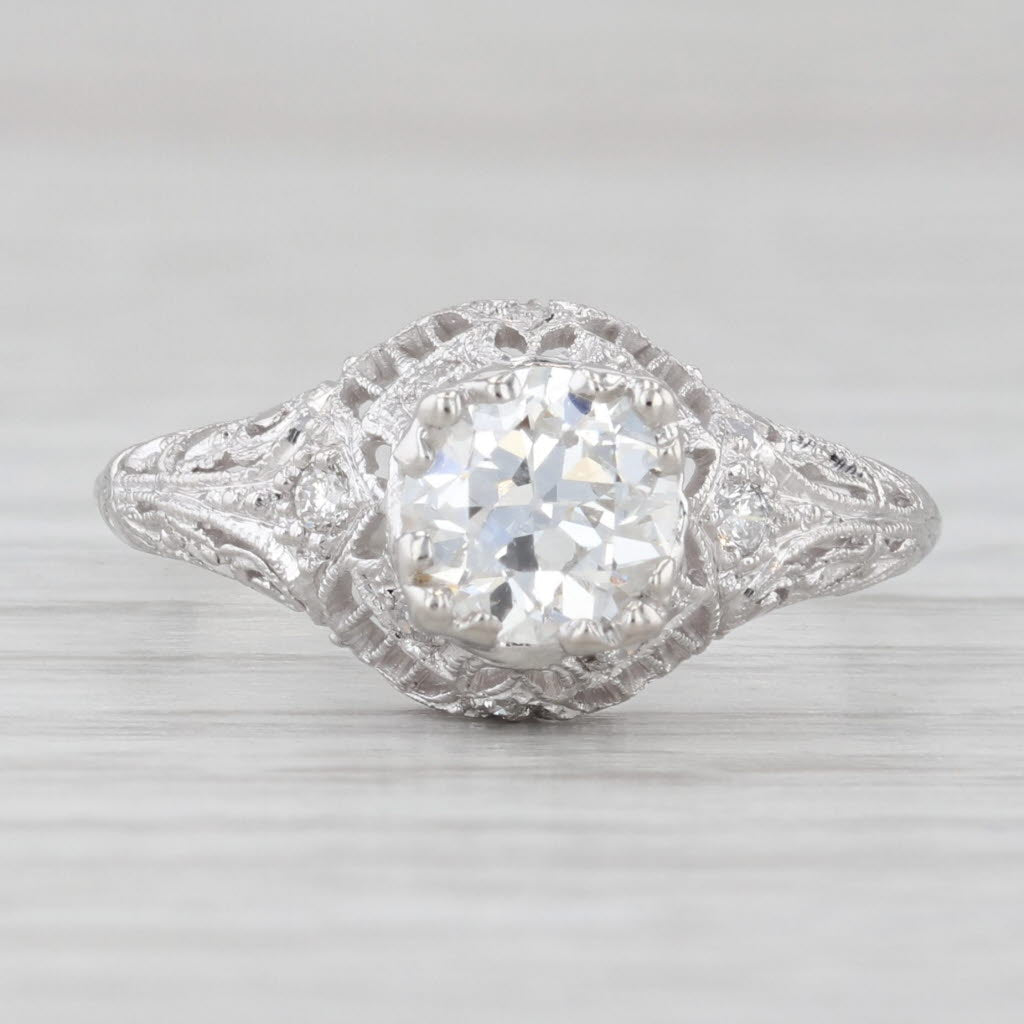Light Gray 0.88ctw Old European Diamond Ring Platinum Size 6.5 Vintage Ornate Filigree