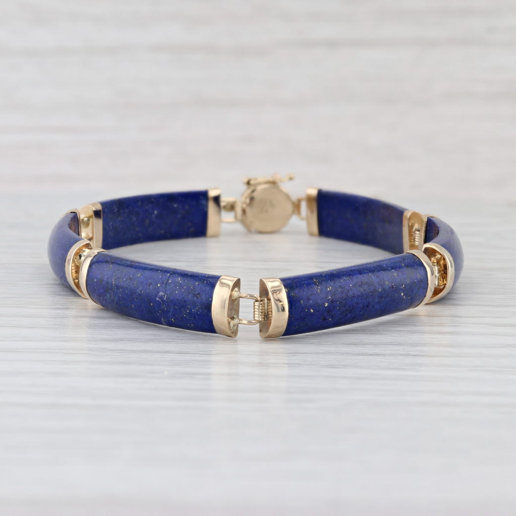Lapis Lazuli Bar Link Chinese Character for Luck Bracelet 14k Yellow Gold 7.25"
