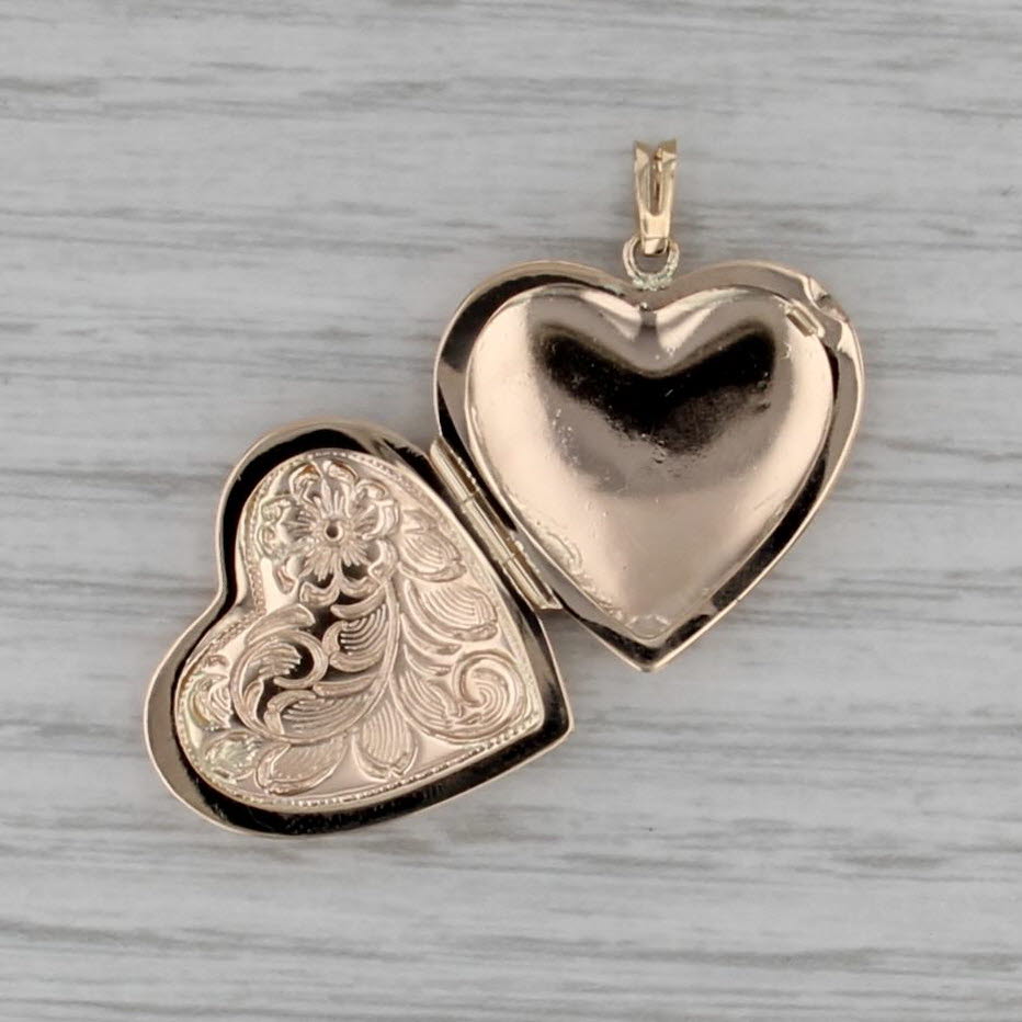 Vintage Floral Heart Locket Pendant 10k Rose Gold Charm Engravable Opens