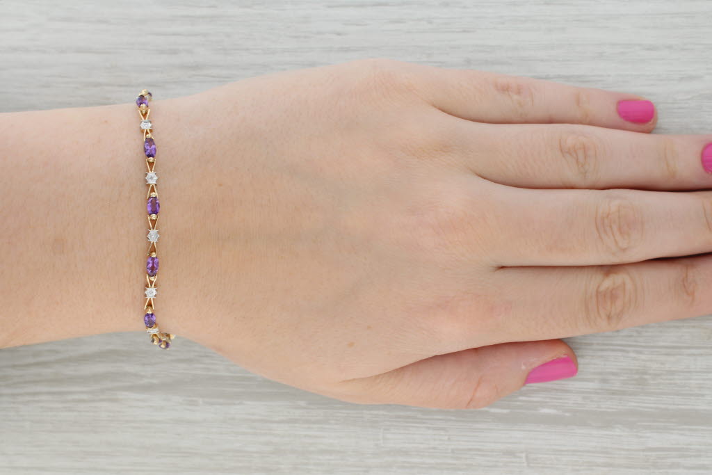 Tan 2.12ctw Amethyst Diamond Tennis Bracelet 10k Yellow Gold 7" 3.3mm