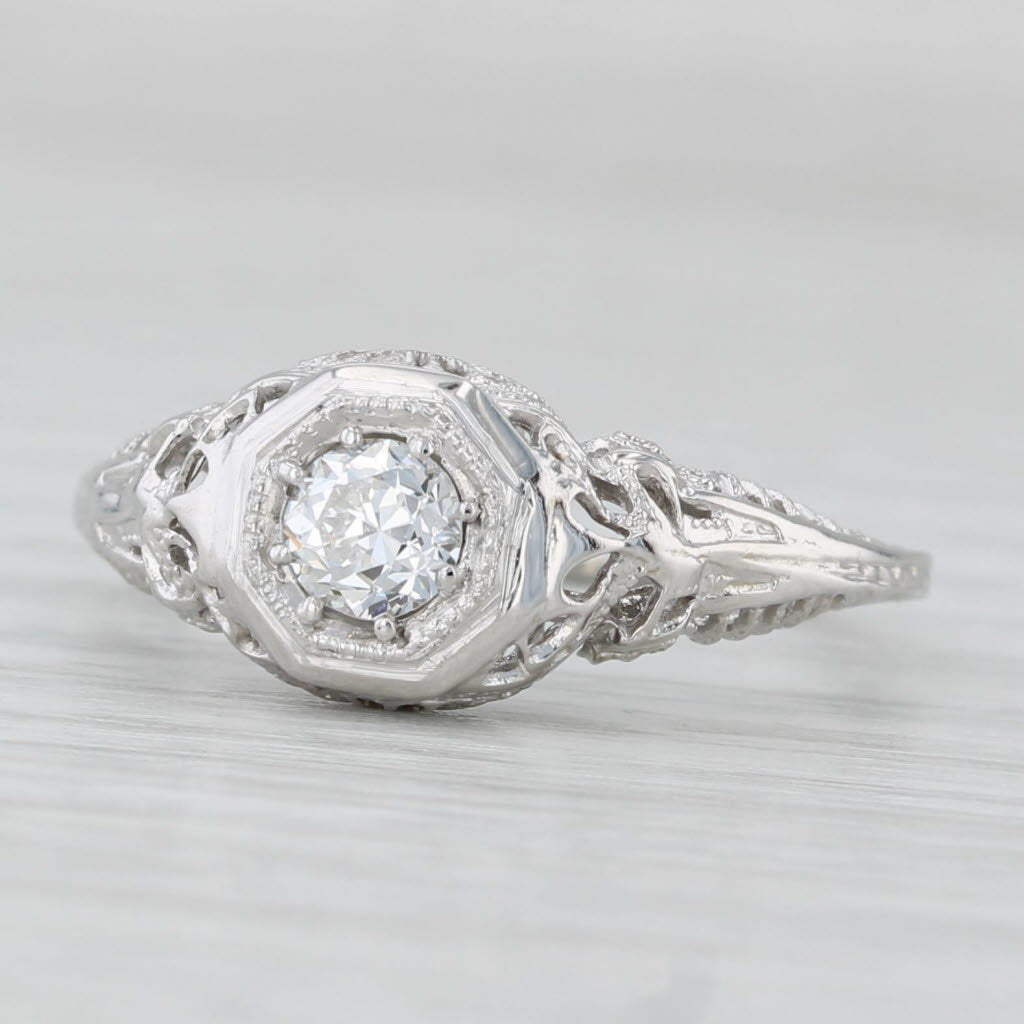 Light Gray Art Deco 0.30ct Diamond Engagement Ring Filigree 18k White Gold Size 6.25