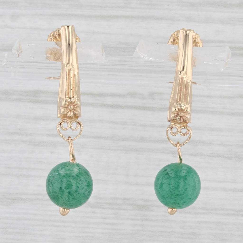 Light Gray Green Aventurine Bead Drop Earrings 14k Yellow Gold