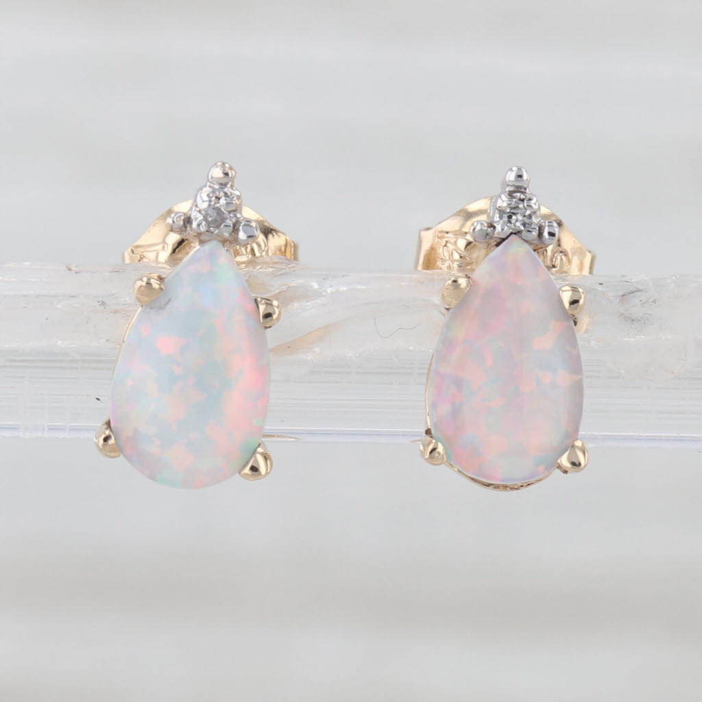Lab Created Pearl Opal Diamond Stud Earrings 14k Yellow Gold Teardrop Studs