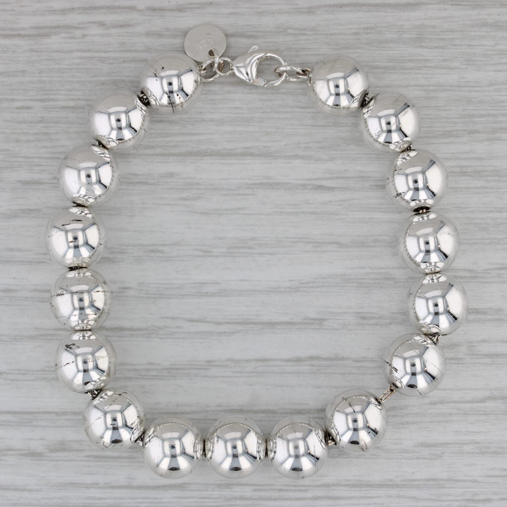 Dark Gray Tiffany & Co Bead Bracelet w/ Pouch Sterling Silver 6.5" 9.7mm