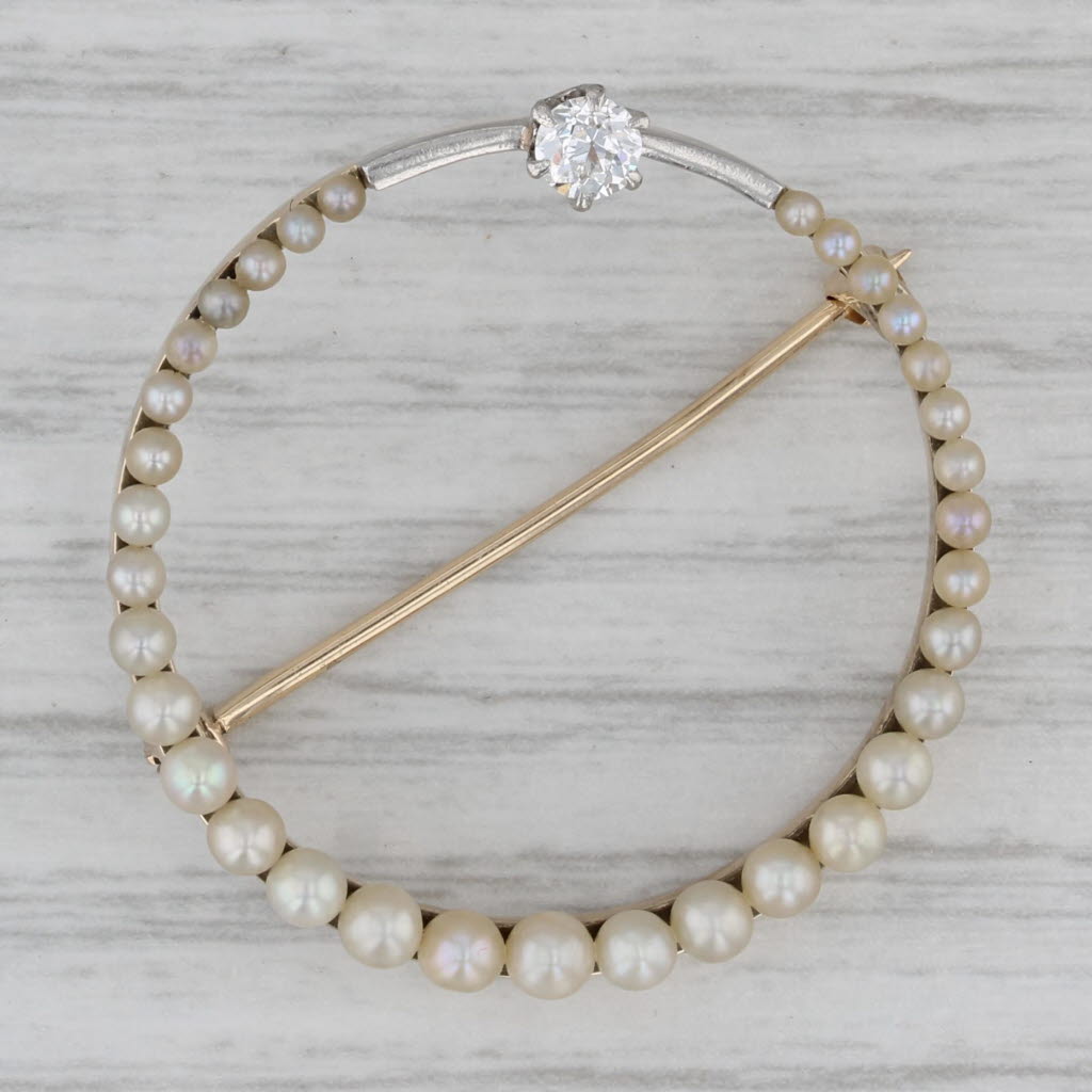 Gray Vintage Pearl Diamond Circle Brooch 14k Yellow White Gold Pin