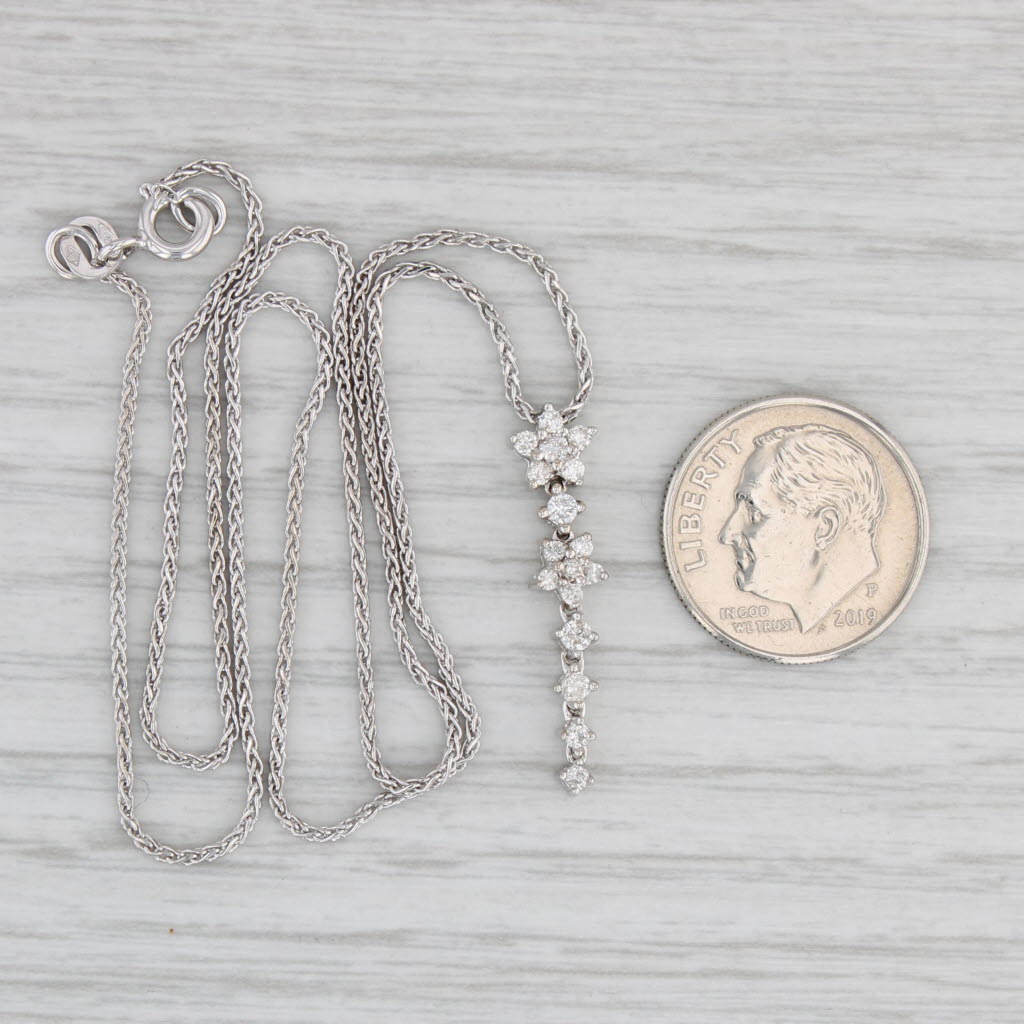 Gray 0.23ctw Diamond Flower Dangle Journey Pendant 14k White Gold 15.5" Wheat Chain