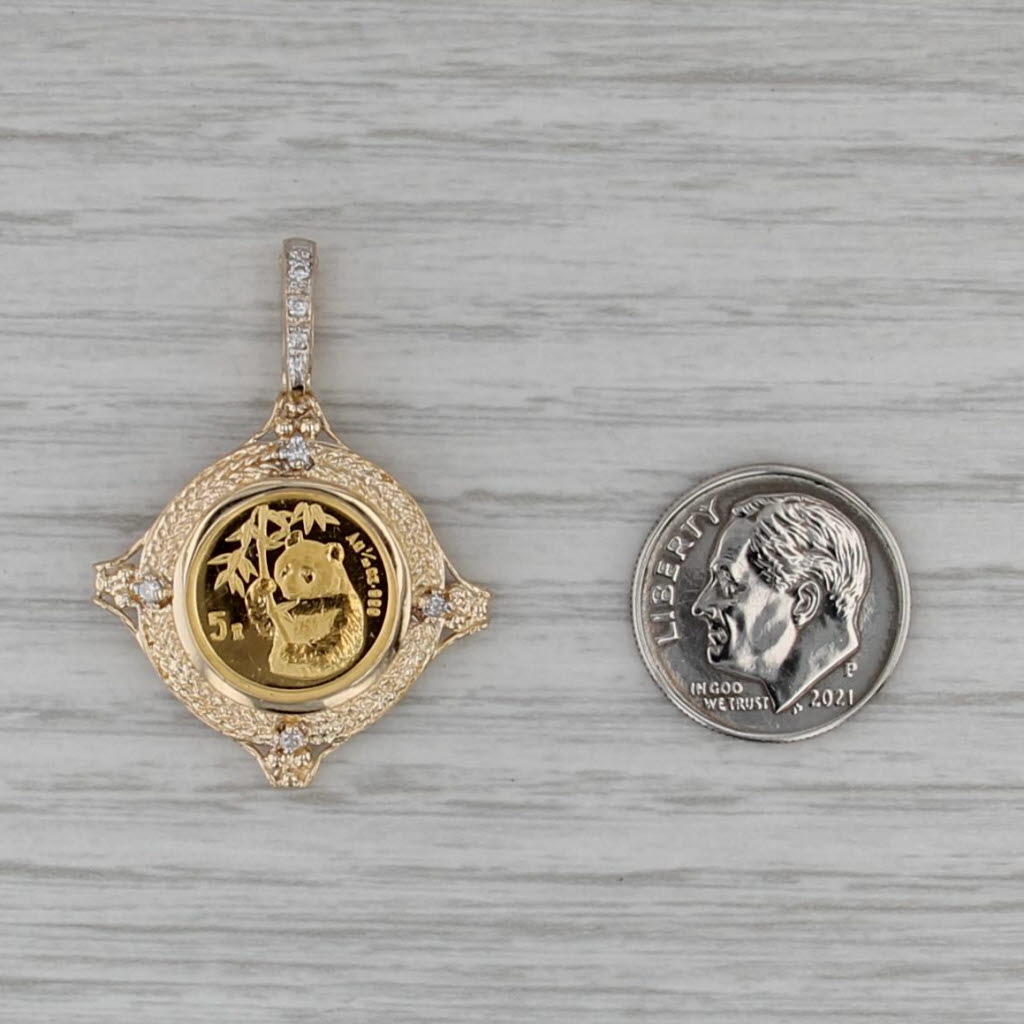 Diamond 1995 Chinese Panda Coin Pendant 14k 1/20oz 999 Gold 5 Yuan