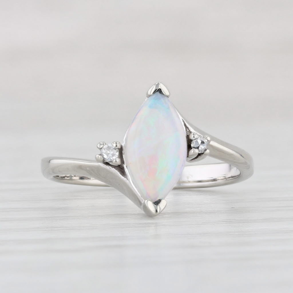 Light Gray Opal Diamond Ring 10k White Gold Size 4.5 Marquise Cabochon Solitaire