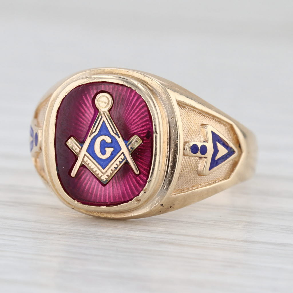 Masonic Blue Lodge Square Compass Signet Ring 10k Gold Lab Created Ruby