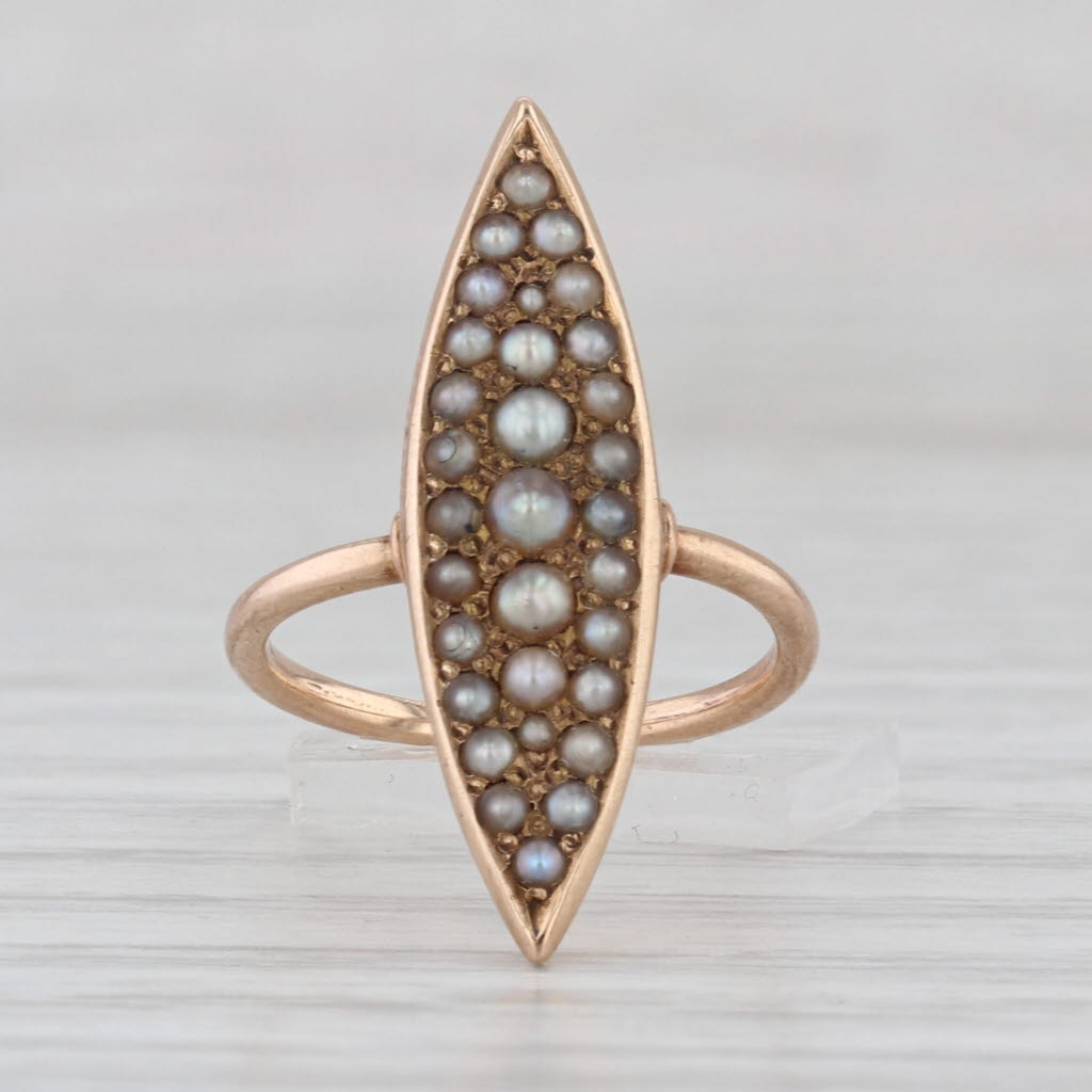 Seed Pearl Cluster Ring 10k Yellow Gold Size 2.25 Antique Navette