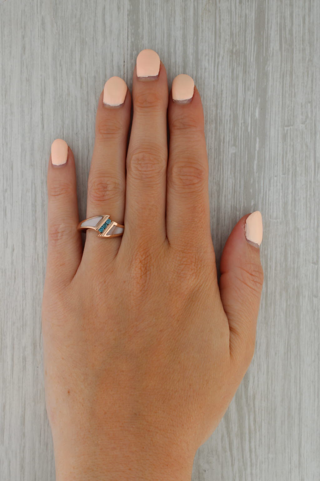 Rosy Brown Mother of Pearl Blue Diamond Bypass Ring 14k Rose Gold Size 6.5