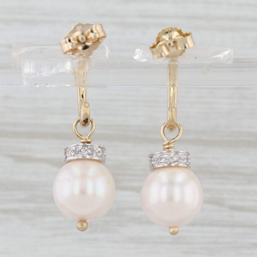 Light Gray Cultured Pearl Diamond Dangle Charms Hoop Earrings 14k Yellow Gold Convertible