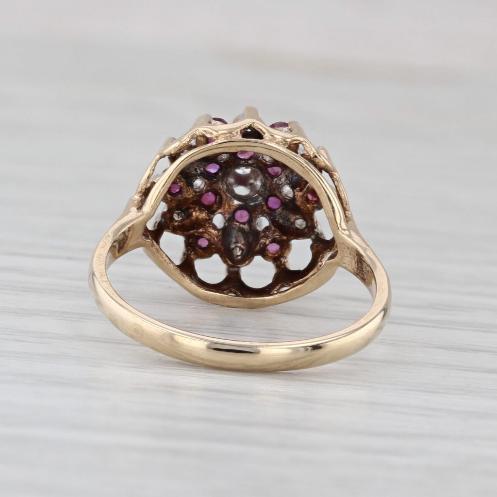 Vintage 0.64ctw Ruby Diamond Cluster Flower Ring 9k Yellow Gold Size 6.5
