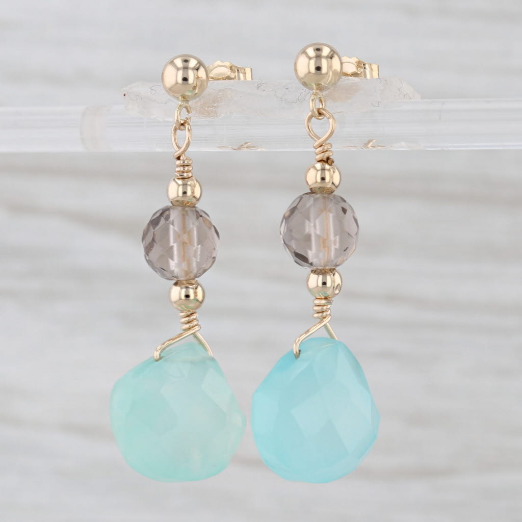 Aqua Praisiolite Amethyst Glass Bead Dangle Earrings 14k Yellow Gold Drops