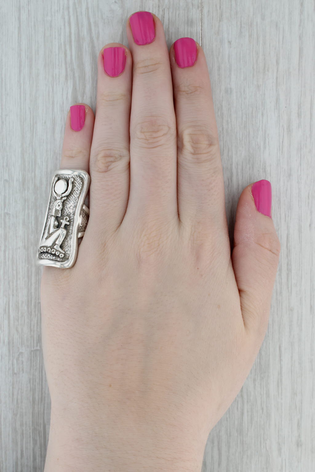 Dark Gray Tribal Figural Statement Ring Sterling Silver Size 6.5 Sara