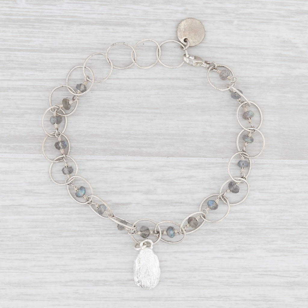 New Nina Wynn Charm Bracelet Druzy Geode Quartz Labradorite Bead Sterling 7.5"