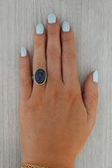 Vintage Labradorite Oval Cabochon Solitaire Ring 900 Silver Size 5.25