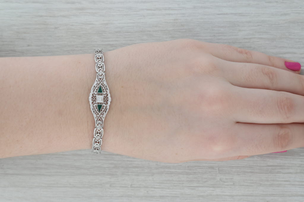 Dark Gray Vintage Art Deco Filigree Diamond Bracelet 10k White Gold 7"