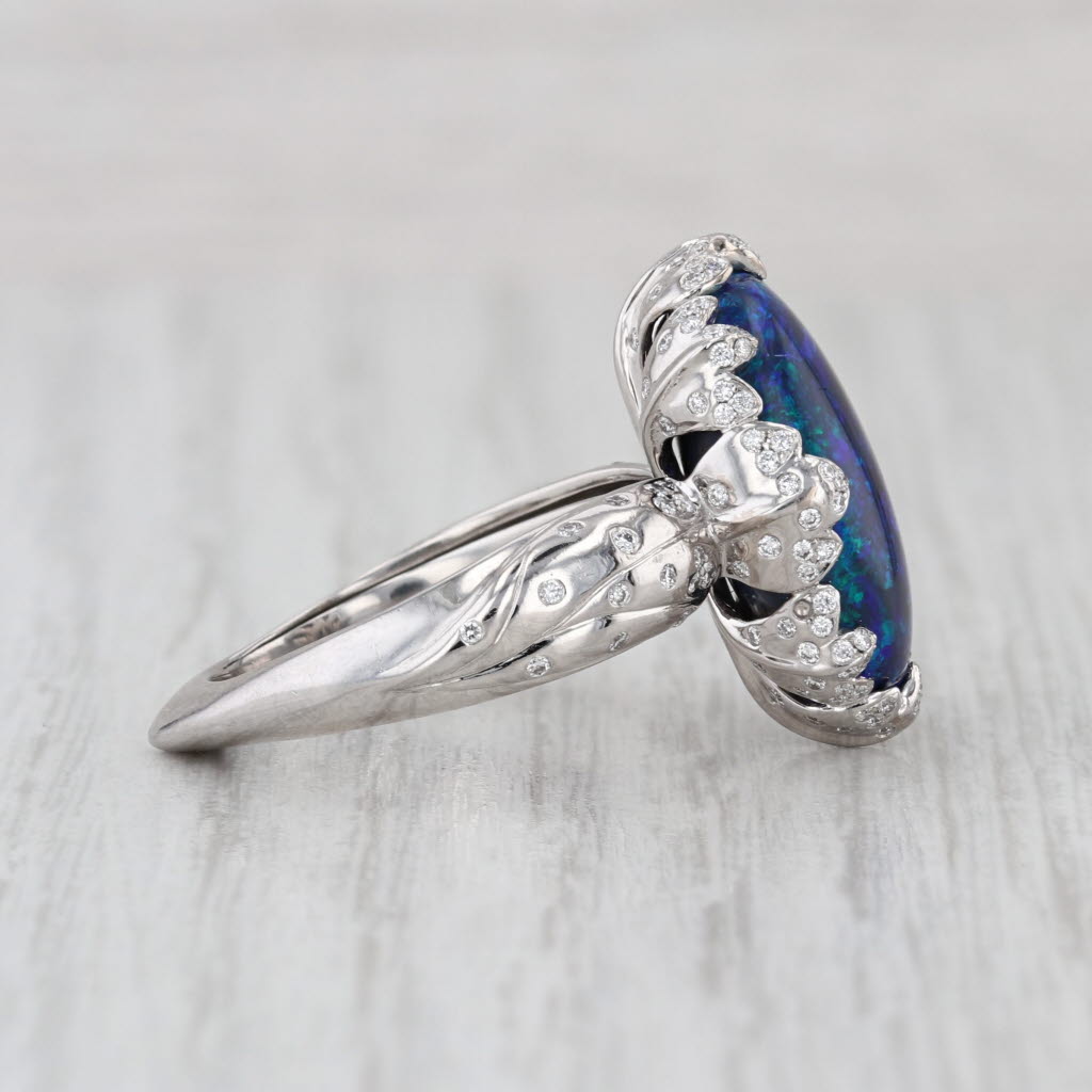 Kat Florence Black Opal Flawless Diamond Ring 18k Gold AJI Blue Green Cabchon