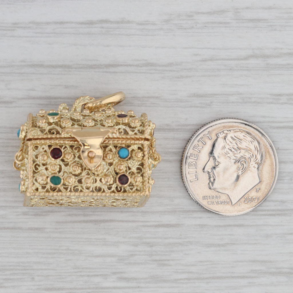 Gray Etruscan Style Gemstone Treasure Chest Charm 800 Gold Pendant Garnet Turquoise
