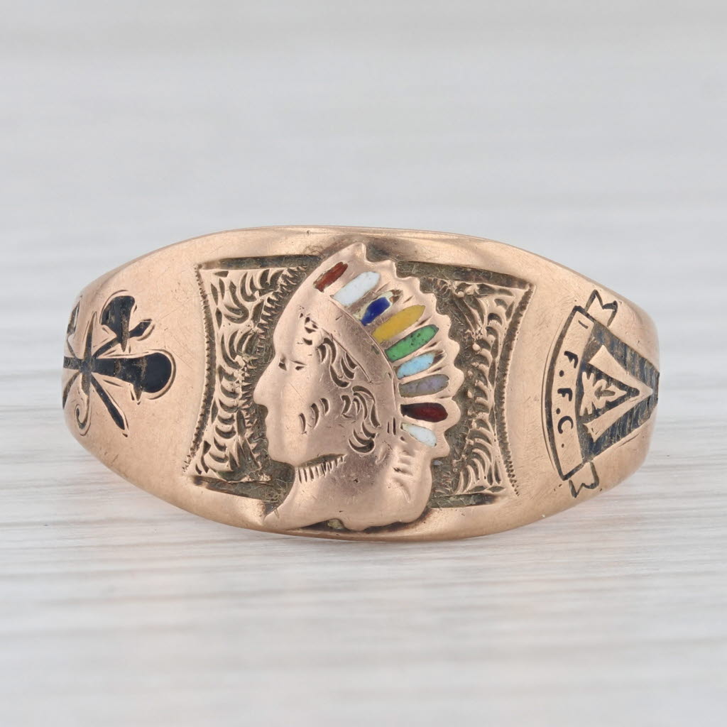 Light Gray Vintage TOTE Order of Red Men Ring 10k Rose Gold Size 11.25 Cigar Band Style